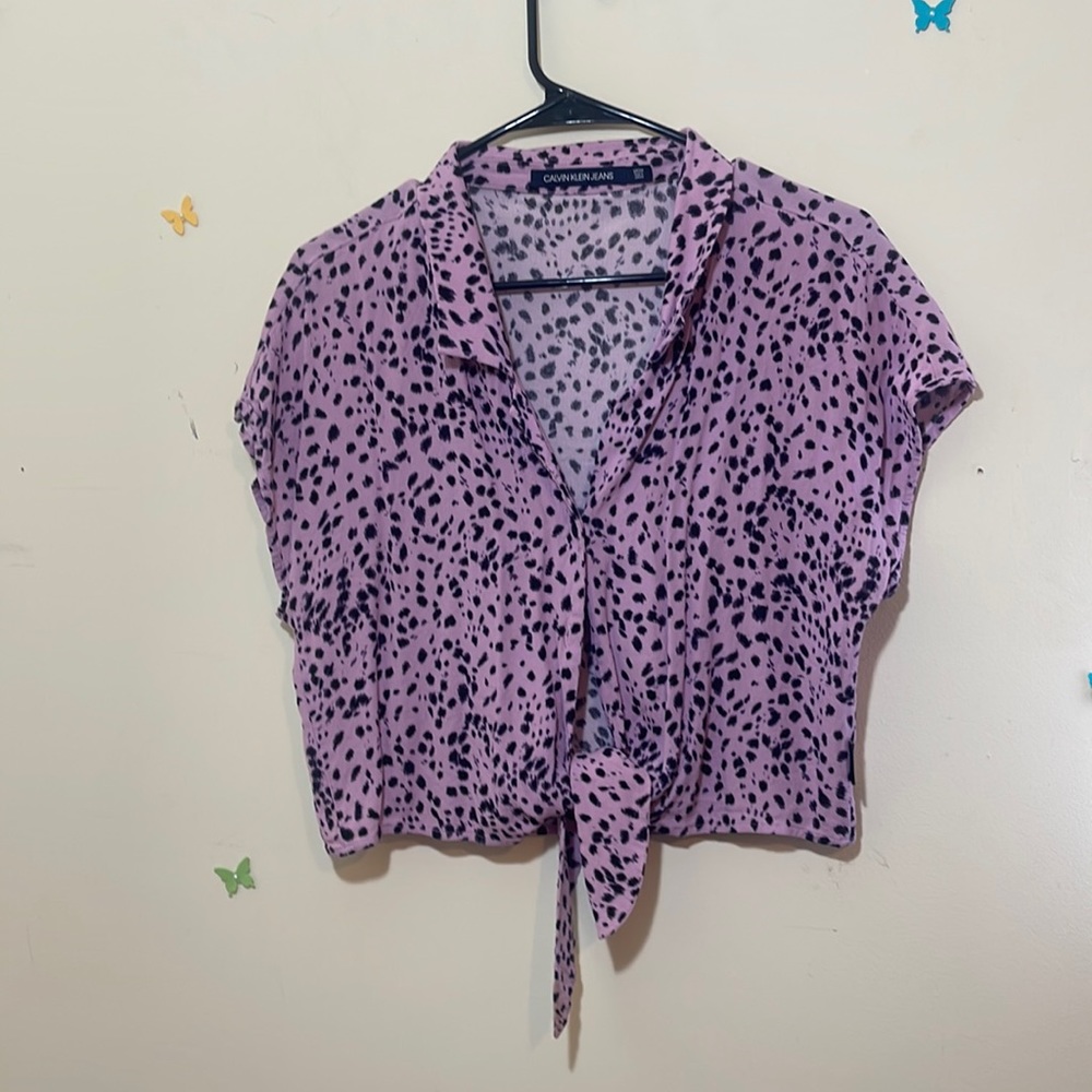 Purple print button down crop top